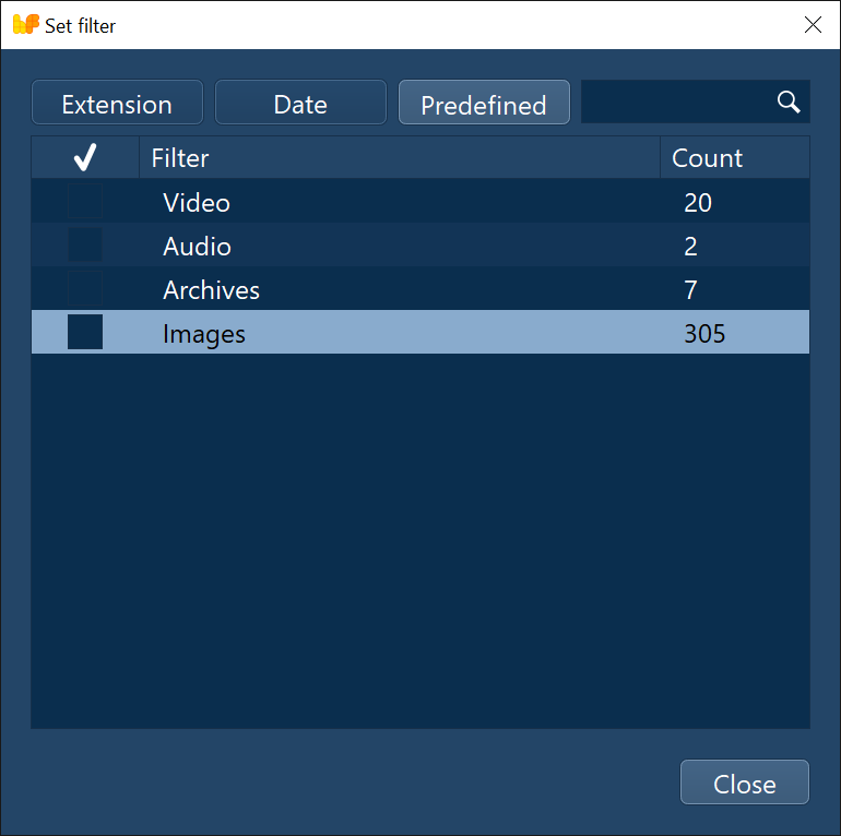 Filtering by customizable predefined filters